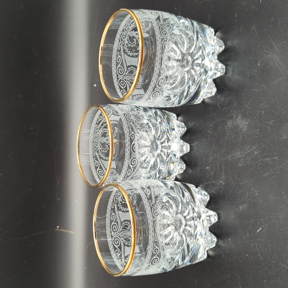 Cellini Stemware set of 3 etched glass 24k gold rimmed cocktail rocks glasses - Picture 1 of 7